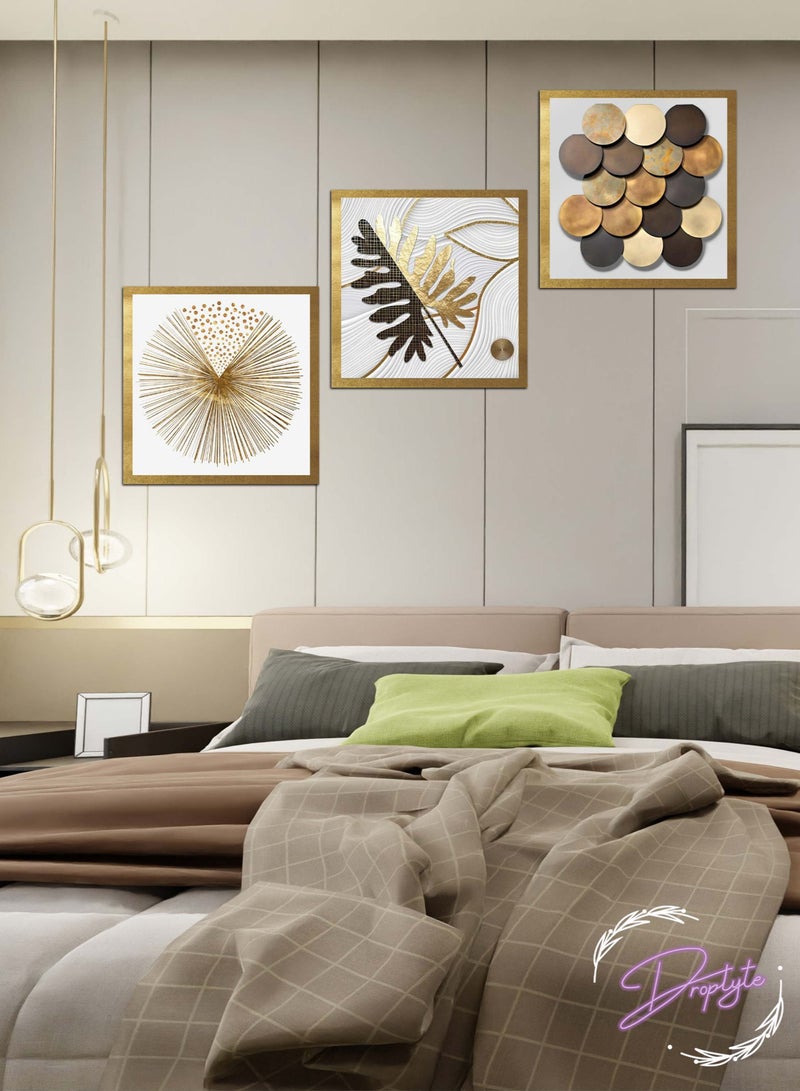 Droplyte 3 Piece Golden and Black Abstract Digital Art Decorative Wall Art Wall Decor Card Board MDF Home Decor  For Drawing Room, Living Room, Bedroom, Kitchen or Office  120CM x 40CM  - Image 2
