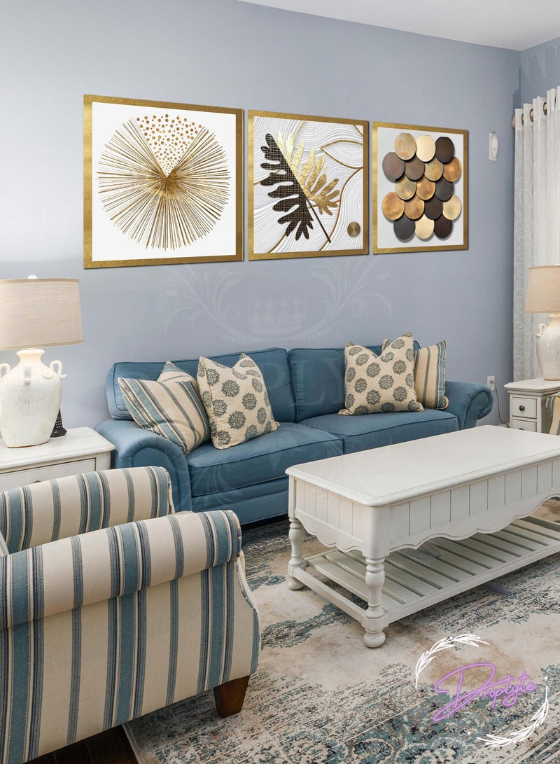 Droplyte 3 Piece Golden and Black Abstract Digital Art Decorative Wall Art Wall Decor Card Board MDF Home Decor  For Drawing Room, Living Room, Bedroom, Kitchen or Office  120CM x 40CM  - Image 1