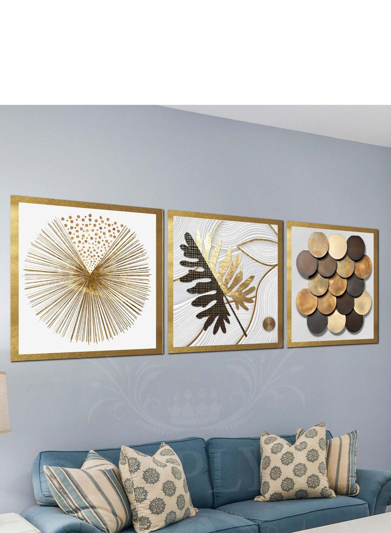 Droplyte 3 Piece Golden and Black Abstract Digital Art Decorative Wall Art Wall Decor Card Board MDF Home Decor  For Drawing Room, Living Room, Bedroom, Kitchen or Office  120CM x 40CM  - Image 3