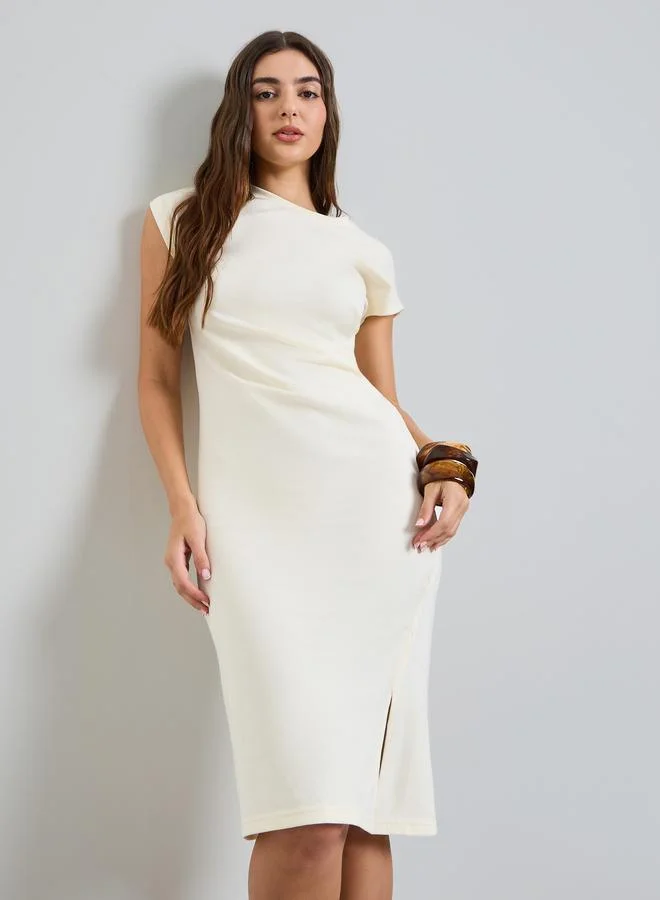 Styli White Solid Cap Sleeves Side Slit Midi Dress