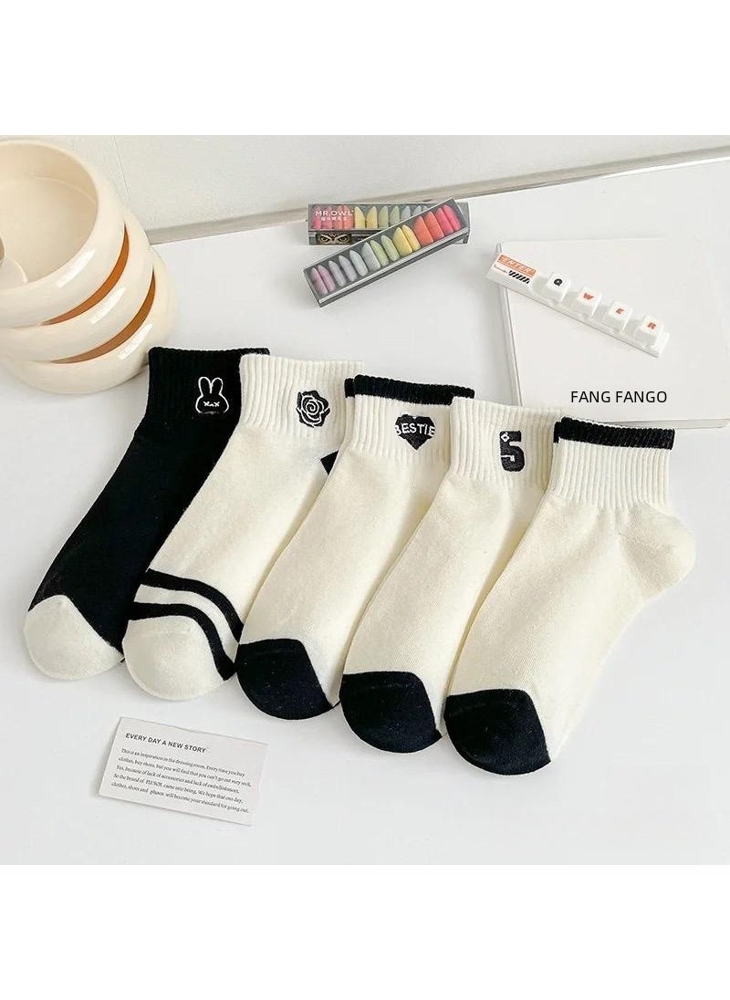 Generic - Womens Summer Thin Short Cotton Socks Breathable Sporty Black White Boat Socks Absorbent Trendy Japanese Style College Sports Socks Letter Love - Image 1