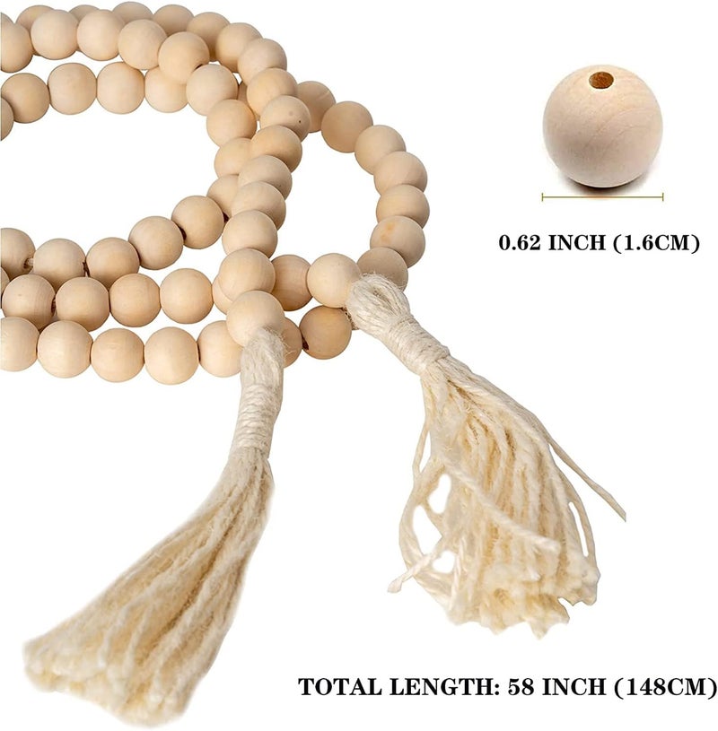 DECORKEY Farmhouse Wood Beads Garland, 2 Pack 58 Inch Wooden Beads for Boho Home Decor with Tassels, Rustic Country Decor for Coffee Table, Wall, Shelf, Tray, Vase, Living Room, Bedroom - Image 2