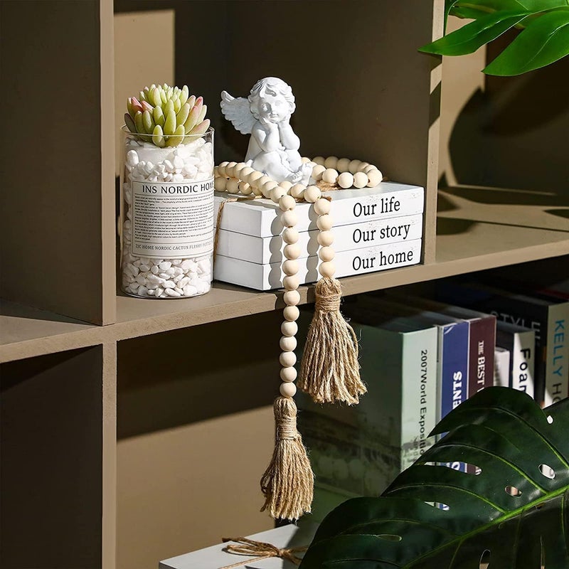 DECORKEY Farmhouse Wood Beads Garland, 2 Pack 58 Inch Wooden Beads for Boho Home Decor with Tassels, Rustic Country Decor for Coffee Table, Wall, Shelf, Tray, Vase, Living Room, Bedroom - Image 4
