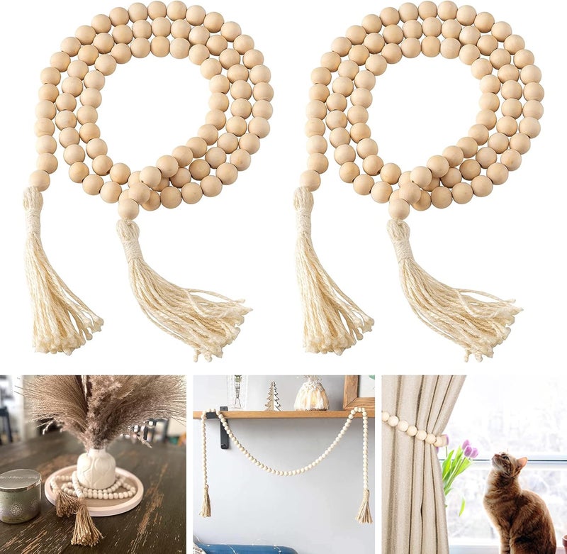 DECORKEY Farmhouse Wood Beads Garland, 2 Pack 58 Inch Wooden Beads for Boho Home Decor with Tassels, Rustic Country Decor for Coffee Table, Wall, Shelf, Tray, Vase, Living Room, Bedroom - Image 1