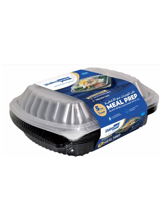 5 قطع حاوية ميكروويف شفافة بقاعدة سوداء قسم واحد مع أغطية - حاوية تخزين طعام مستطيلة قابلة للتخلص منها مع أغطية