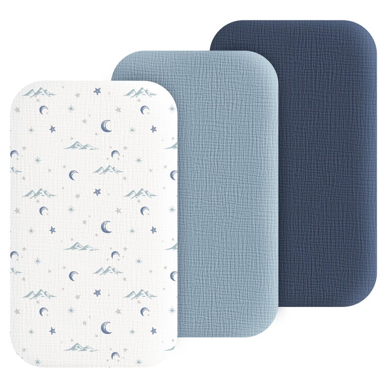 Coreeky Muslin Bedside Sleeper Bassinet Fitted Sheets, 3 Pack Cotton Baby Sheet for Boys & Girls, Soft, Compatible with Baby Delight, Dream On Me, AMKE and Other Rectangle Mattress (Nightfall Blue) - Image 1