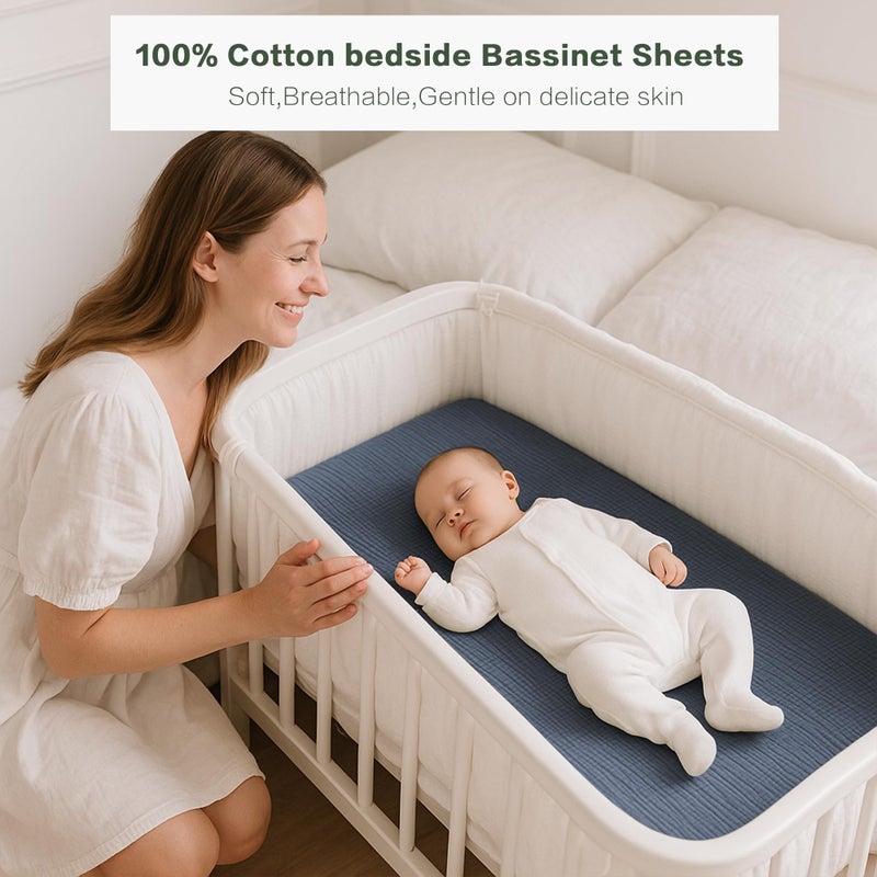 Coreeky Muslin Bedside Sleeper Bassinet Fitted Sheets, 3 Pack Cotton Baby Sheet for Boys & Girls, Soft, Compatible with Baby Delight, Dream On Me, AMKE and Other Rectangle Mattress (Nightfall Blue) - Image 4
