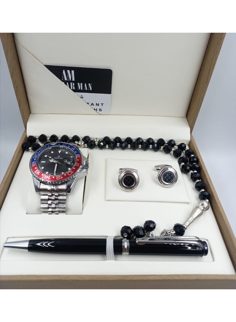 ANEMAR MAN High-quality Pepsi-shaped men's gift set including a watch, pen, prayer beads, cufflinks, and a silver bracelet with a black dial.