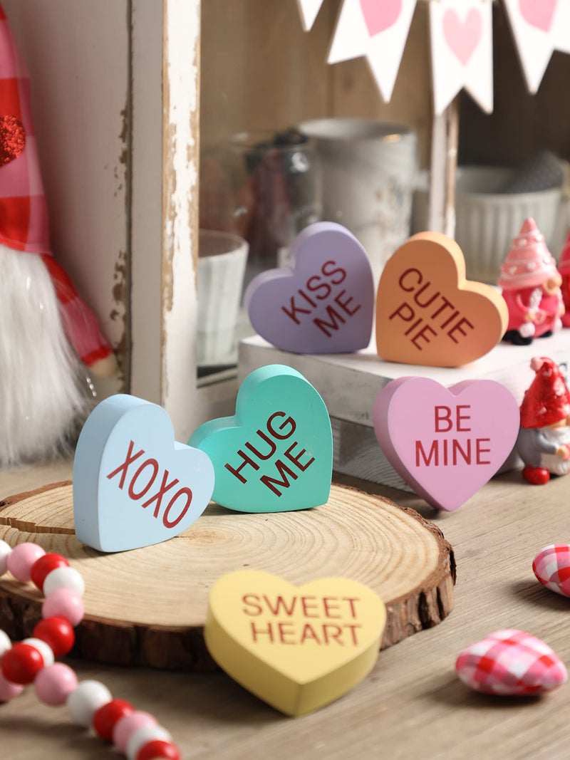 WODOHOLO Valentine's Day Conversation Heart Wooden Sign Heart Farmhouse Candy Hearts Valentines Tiered Tray Decor Heart Shape Table Blocks for Wedding Party - Image 5