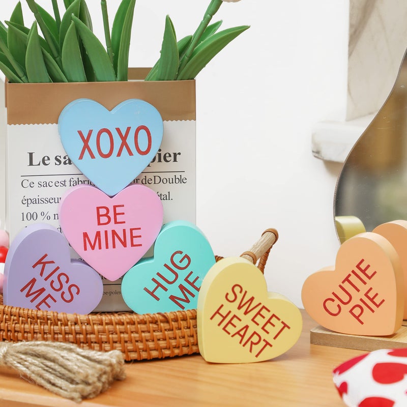 WODOHOLO Valentine's Day Conversation Heart Wooden Sign Heart Farmhouse Candy Hearts Valentines Tiered Tray Decor Heart Shape Table Blocks for Wedding Party - Image 1