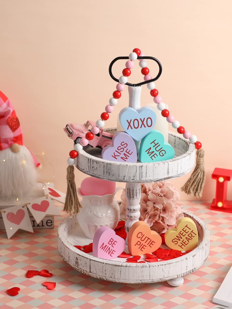 WODOHOLO Valentine's Day Conversation Heart Wooden Sign Heart Farmhouse Candy Hearts Valentines Tiered Tray Decor Heart Shape Table Blocks for Wedding Party - Image 4