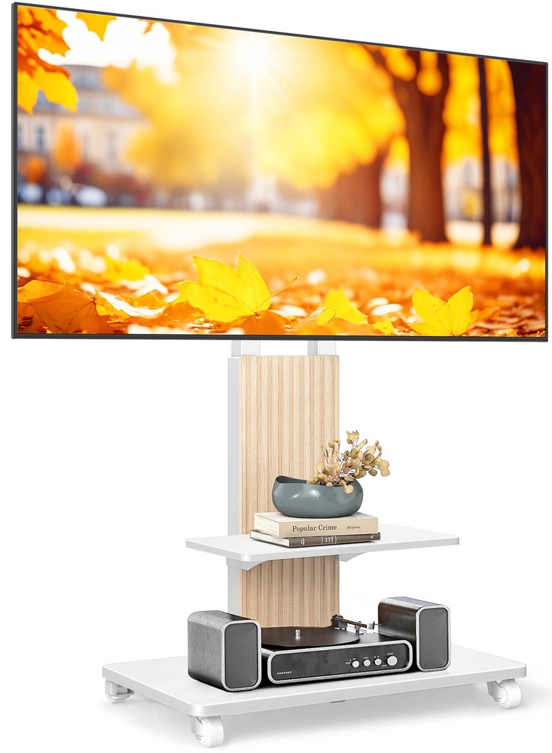 Rfiver Heavy-Duty Mobile TV Stand for 55–90 Inch TVs, Rolling TV Cart with Swivel Mount, Height Adjustable AV Shelf, Lockable Wheels, Wooden Base, VESA 800x600 mm, 68 kg Capacity, White and Oak | TF1304WHT - Image 1