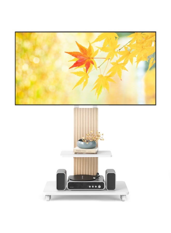 Rfiver Heavy-Duty Mobile TV Stand for 55–90 Inch TVs, Rolling TV Cart with Swivel Mount, Height Adjustable AV Shelf, Lockable Wheels, Wooden Base, VESA 800x600 mm, 68 kg Capacity, White and Oak | TF1304WHT - Image 2