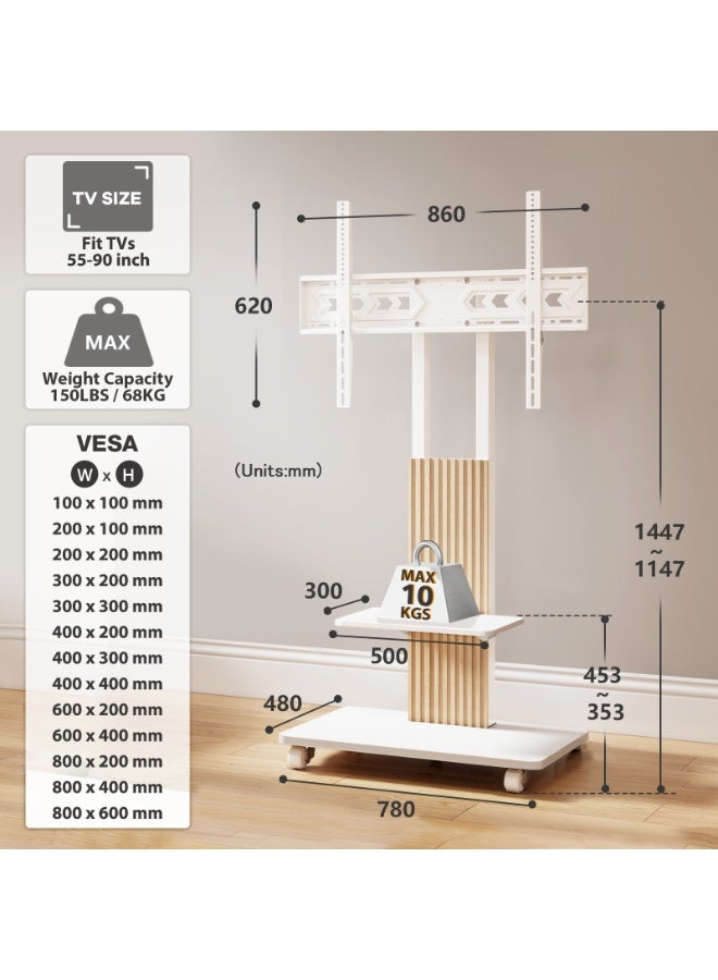 Rfiver Heavy-Duty Mobile TV Stand for 55–90 Inch TVs, Rolling TV Cart with Swivel Mount, Height Adjustable AV Shelf, Lockable Wheels, Wooden Base, VESA 800x600 mm, 68 kg Capacity, White and Oak | TF1304WHT - Image 4