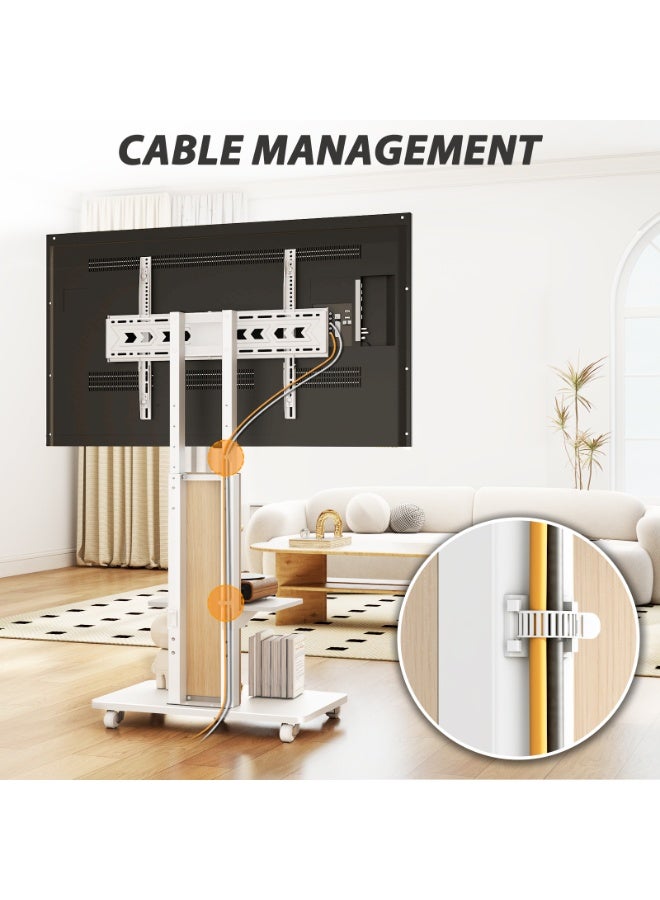 Rfiver Heavy-Duty Mobile TV Stand for 55–90 Inch TVs, Rolling TV Cart with Swivel Mount, Height Adjustable AV Shelf, Lockable Wheels, Wooden Base, VESA 800x600 mm, 68 kg Capacity, White and Oak | TF1304WHT - Image 5