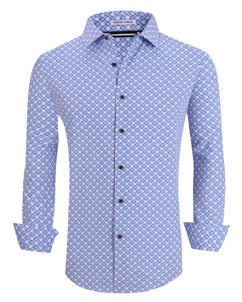 Alex Vando Mens Button Down Shirts Wrinkle Free 4-Way Stretch Print Business Casual Shirt,White Square,L - Image 1