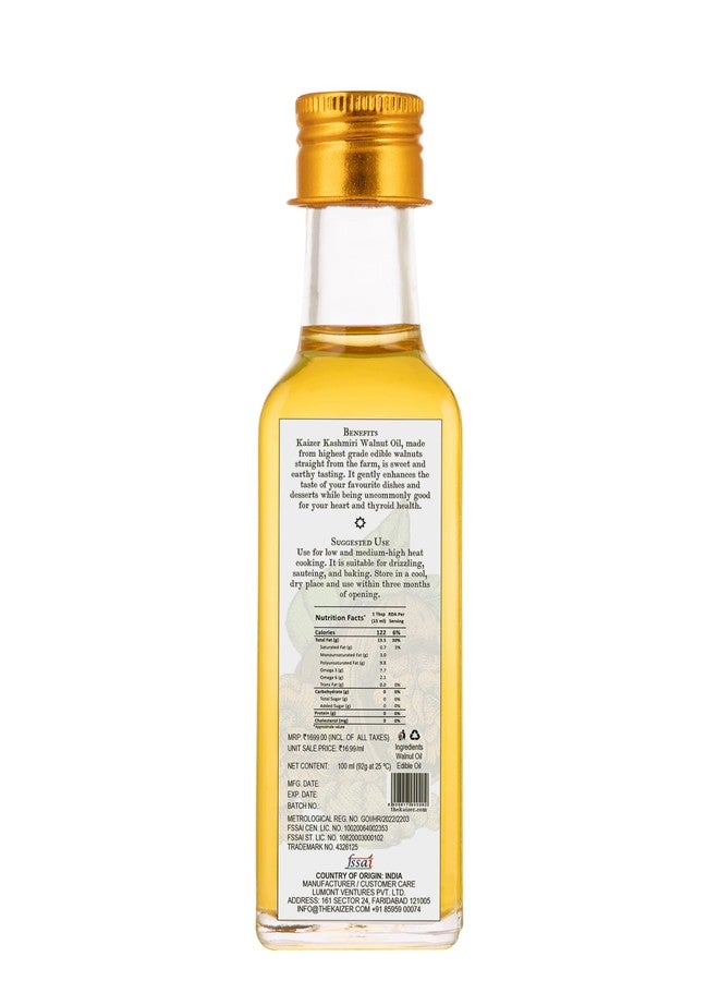 Kaizer Pure Kashmiri Walnut Oil • Gourmet, Edible & Unrefined • Cold Pressed & Unprocessed for Cooking, Face, Skin & Hair • Rich in Omega-3, Antioxidants & Vitamin E, 3.38 fl oz ℮ 100 ml - Image 2