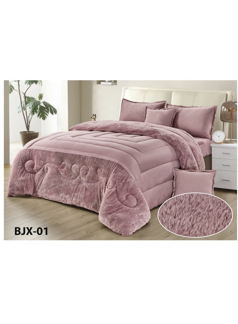 مون مفرش شتوي نفرين نظام وجهين وجه مخمل وجه فرو - طقم مفارش 6 قطع ( 1 لحاف + 1 وشرشف مطاطي + 4 أغطية وسائد ديكورية ) يناسب سرير مقاس 200x200 سم - Image 5