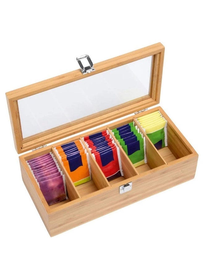 5 Compartments High Quality Bamboo Tea Storage Organizer with Clear Top Window Multi-Functional Tea Bag Holder - Image 3