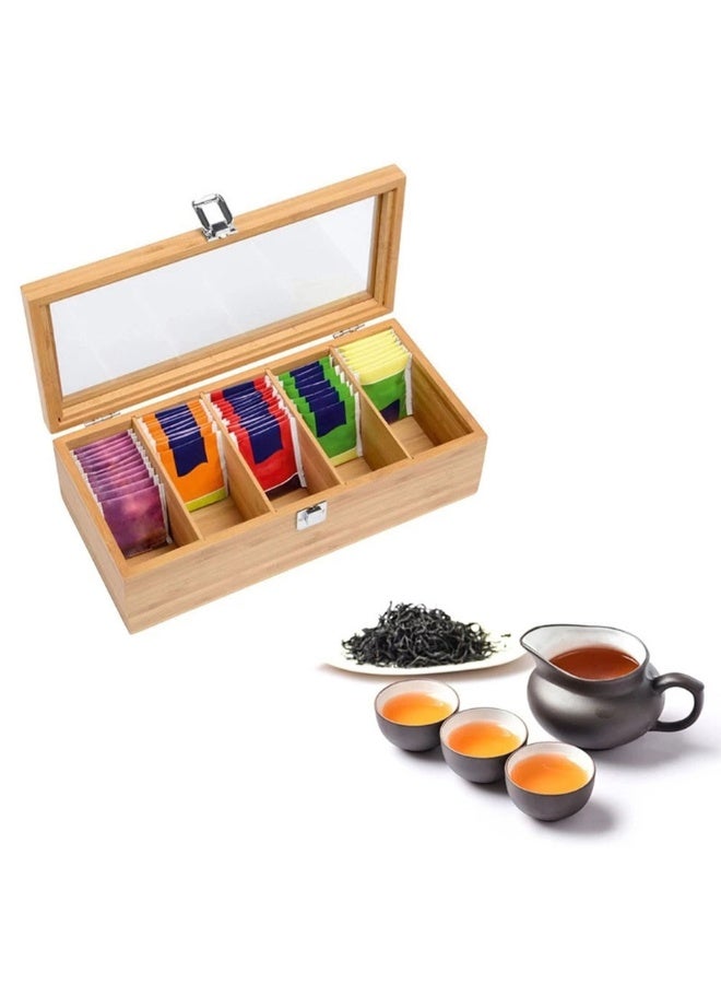 5 Compartments High Quality Bamboo Tea Storage Organizer with Clear Top Window Multi-Functional Tea Bag Holder - Image 2