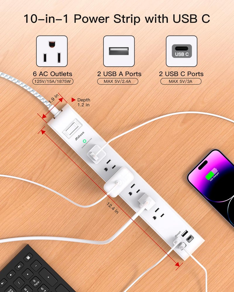 mifaso 2 Pack Power Strip Surge Protector - 6 Outlets 4 USB Charging Ports, 5Ft Braided Extension Cord, Flat Plug, Overload Protection, Wall Mount for Home Office, Dorm Room Essentials White - Image 2