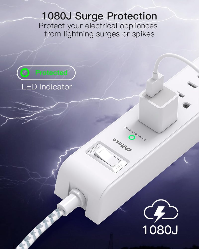 mifaso 2 Pack Power Strip Surge Protector - 6 Outlets 4 USB Charging Ports, 5Ft Braided Extension Cord, Flat Plug, Overload Protection, Wall Mount for Home Office, Dorm Room Essentials White - Image 5
