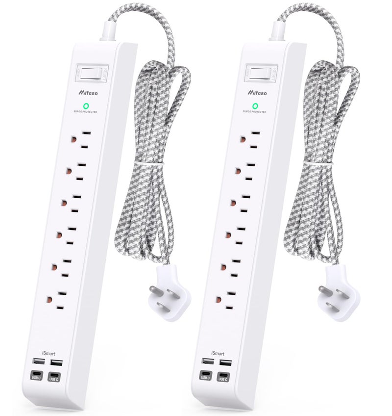 mifaso 2 Pack Power Strip Surge Protector - 6 Outlets 4 USB Charging Ports, 5Ft Braided Extension Cord, Flat Plug, Overload Protection, Wall Mount for Home Office, Dorm Room Essentials White - Image 1
