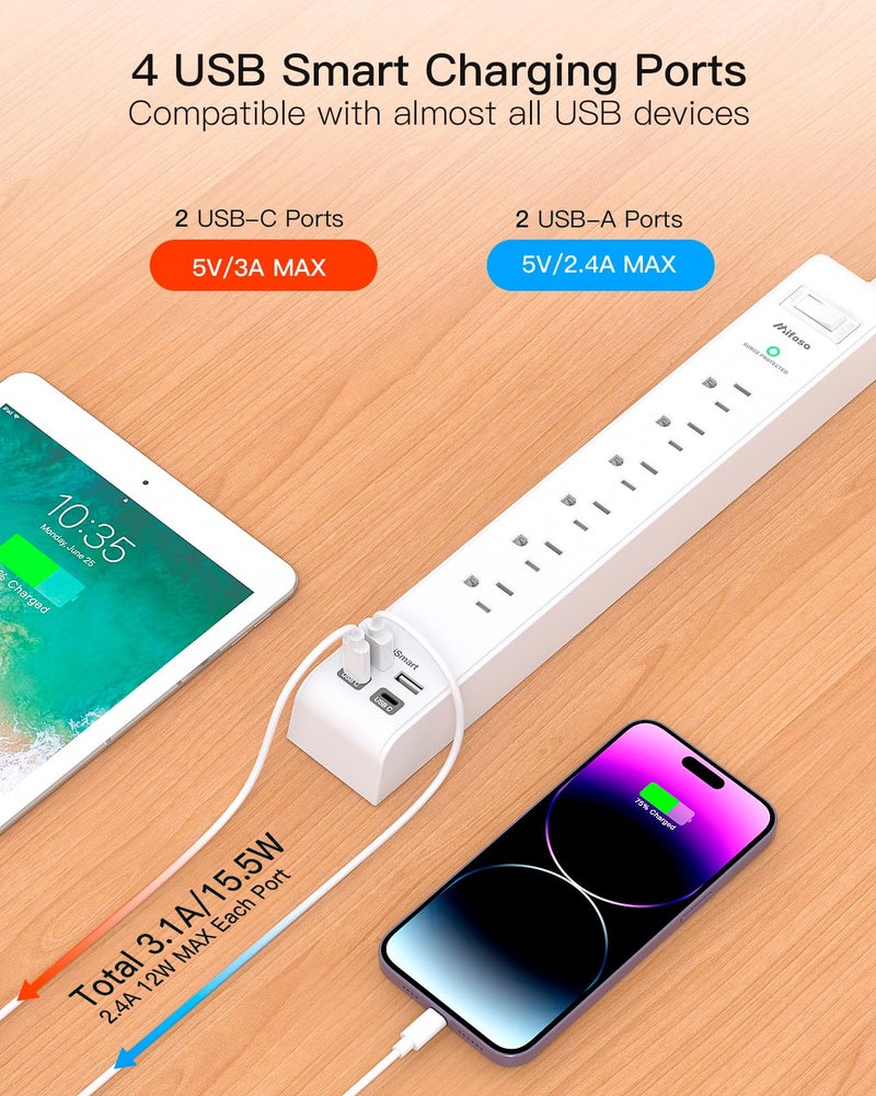 mifaso 2 Pack Power Strip Surge Protector - 6 Outlets 4 USB Charging Ports, 5Ft Braided Extension Cord, Flat Plug, Overload Protection, Wall Mount for Home Office, Dorm Room Essentials White - Image 4