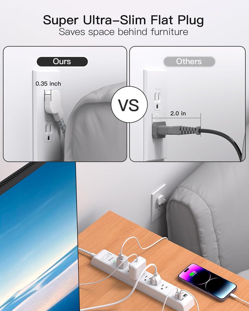 mifaso 2 Pack Power Strip Surge Protector - 6 Outlets 4 USB Charging Ports, 5Ft Braided Extension Cord, Flat Plug, Overload Protection, Wall Mount for Home Office, Dorm Room Essentials White - Image 3