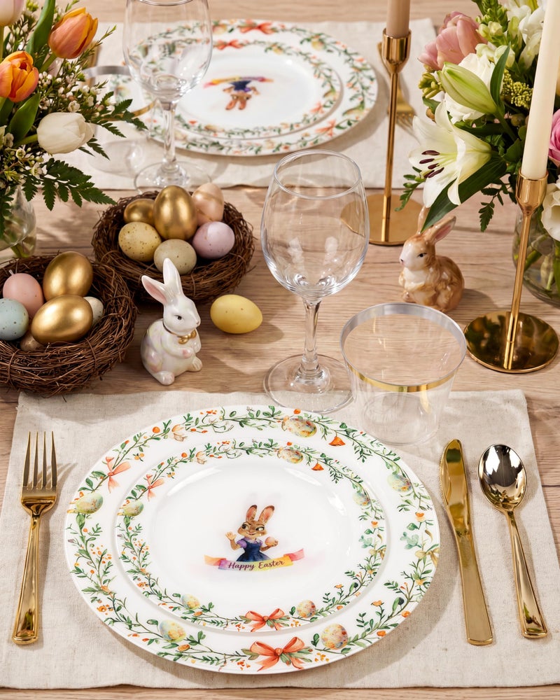 Hioasis 40pcs Easter Plastic Plates - Bunny & Egg Disposable Dinnerware Set, 20pcs 10.25" Dinner Plates & 20pcs 7.5" Dessert Plates, Perfect for Easter Party & 20 Guests - Image 3