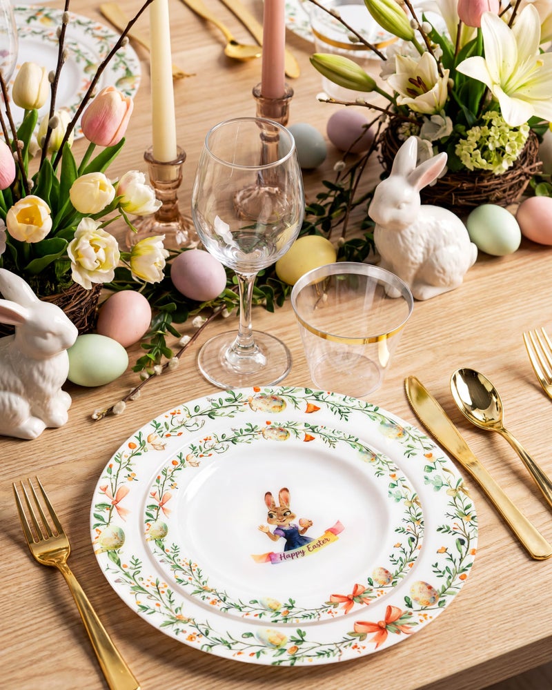 Hioasis 40pcs Easter Plastic Plates - Bunny & Egg Disposable Dinnerware Set, 20pcs 10.25" Dinner Plates & 20pcs 7.5" Dessert Plates, Perfect for Easter Party & 20 Guests - Image 4
