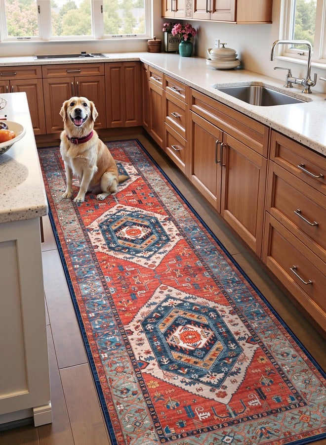 SERISSA Runner Rug for Hallways, 2'6"x8' Washable Non Slip Boho Kitchen Runner Rug, Vintage Rust Ultra Soft Print Distressed Tribal Floor Carpet for Bedroom Bathroom Laundry Room - Image 2
