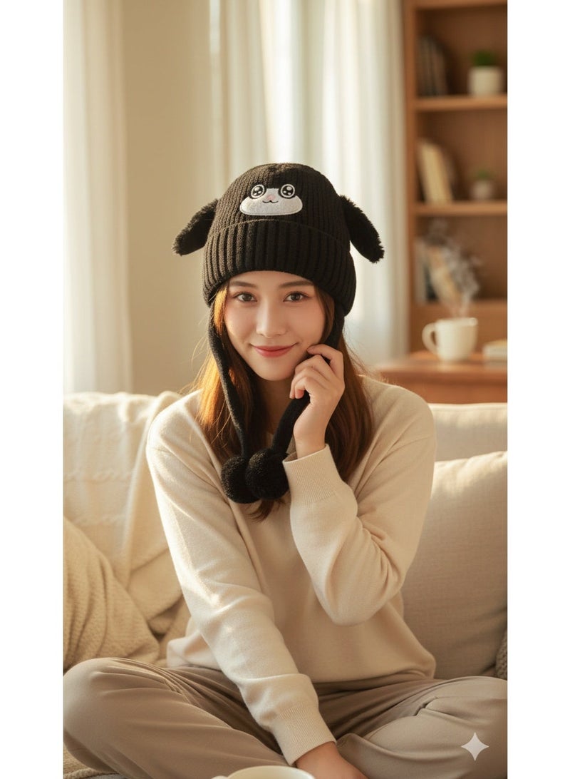 zoba Children's winter hat with a cute bunny design, movable ears, and pom-pom - black - Image 2