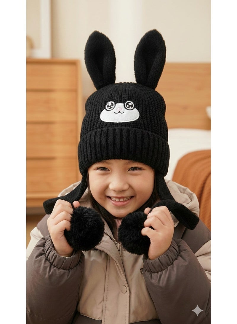 zoba Children's winter hat with a cute bunny design, movable ears, and pom-pom - black - Image 3