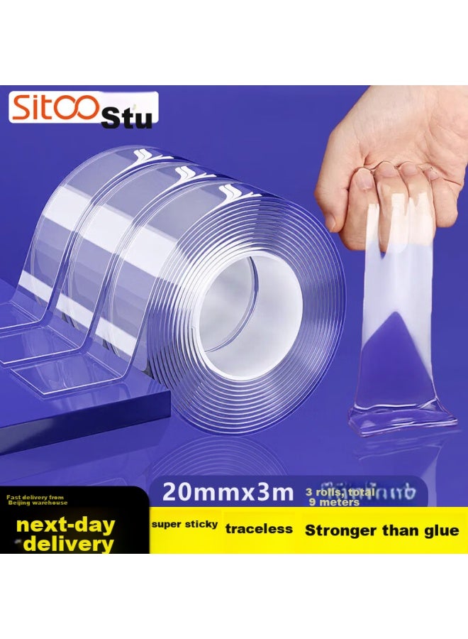 Sitoo Nano Double-sided Tape, Transparent Strong Waterproof Adhesive, 20mm*3m, Double-sided Tape Fixing Sticker, Traceless Car And Home Use, Couplets, 3 Rolls - Image 1