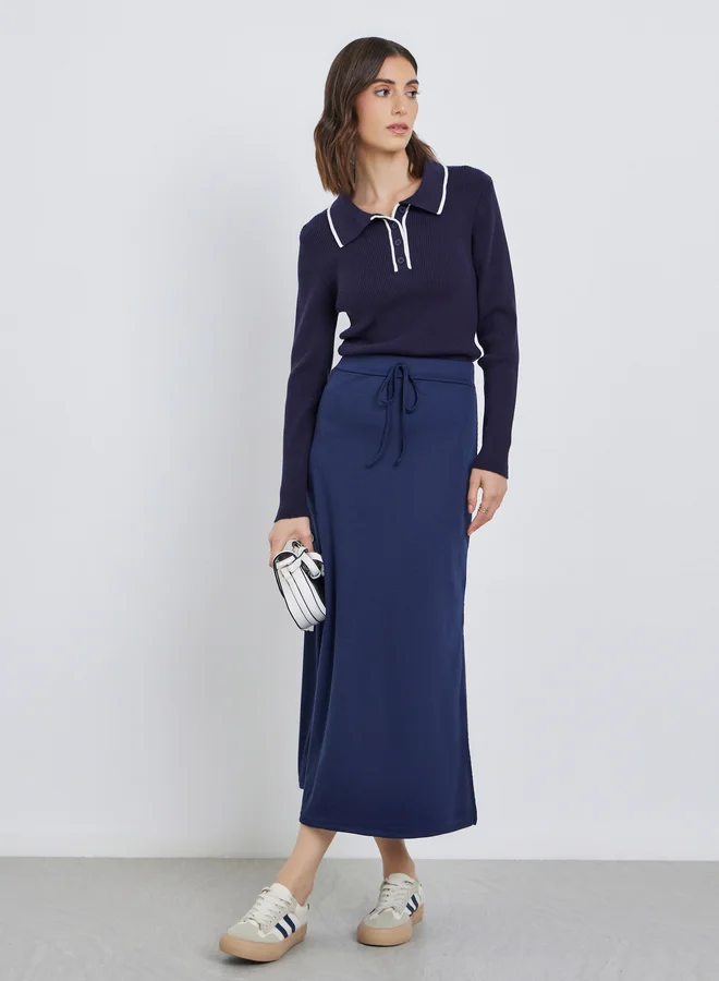 تايك تو Take Two Solid Knitted Maxi Skirt with Drawstring