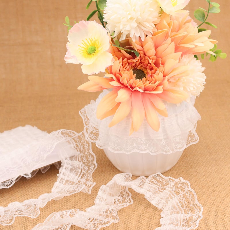 SEWDIYTR White Lace Ruffle Trim for Crafts 1-5/8"x5yd 2-Layer Pleated Edge Lace Ribbon - Image 5