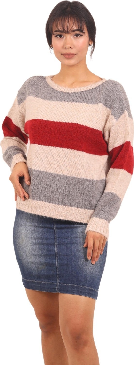 Rtd & Vld Rtd&vld Women's Crew Neck Striped Knitted Sweater Claret Red  - Image 1