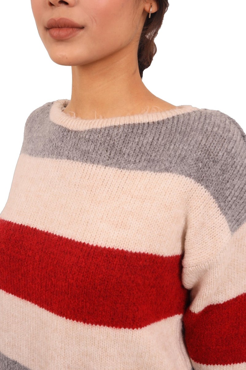 Rtd & Vld Rtd&vld Women's Crew Neck Striped Knitted Sweater Claret Red  - Image 4