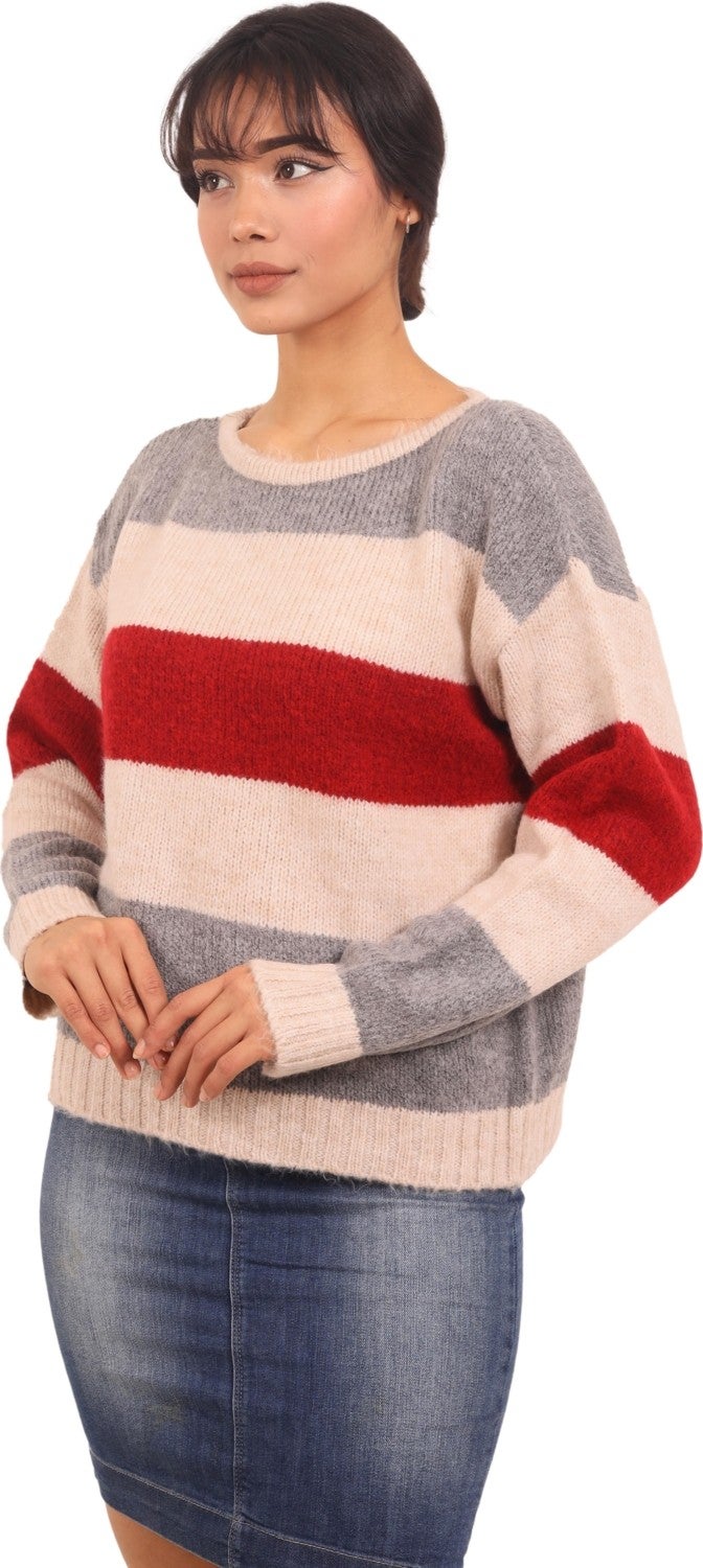 Rtd & Vld Rtd&vld Women's Crew Neck Striped Knitted Sweater Claret Red  - Image 2
