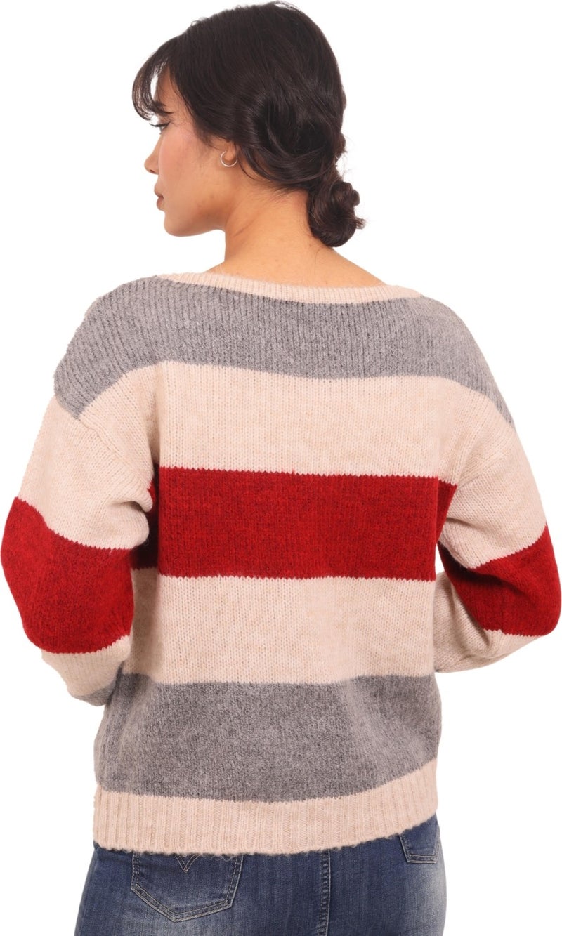 Rtd & Vld Rtd&vld Women's Crew Neck Striped Knitted Sweater Claret Red  - Image 3