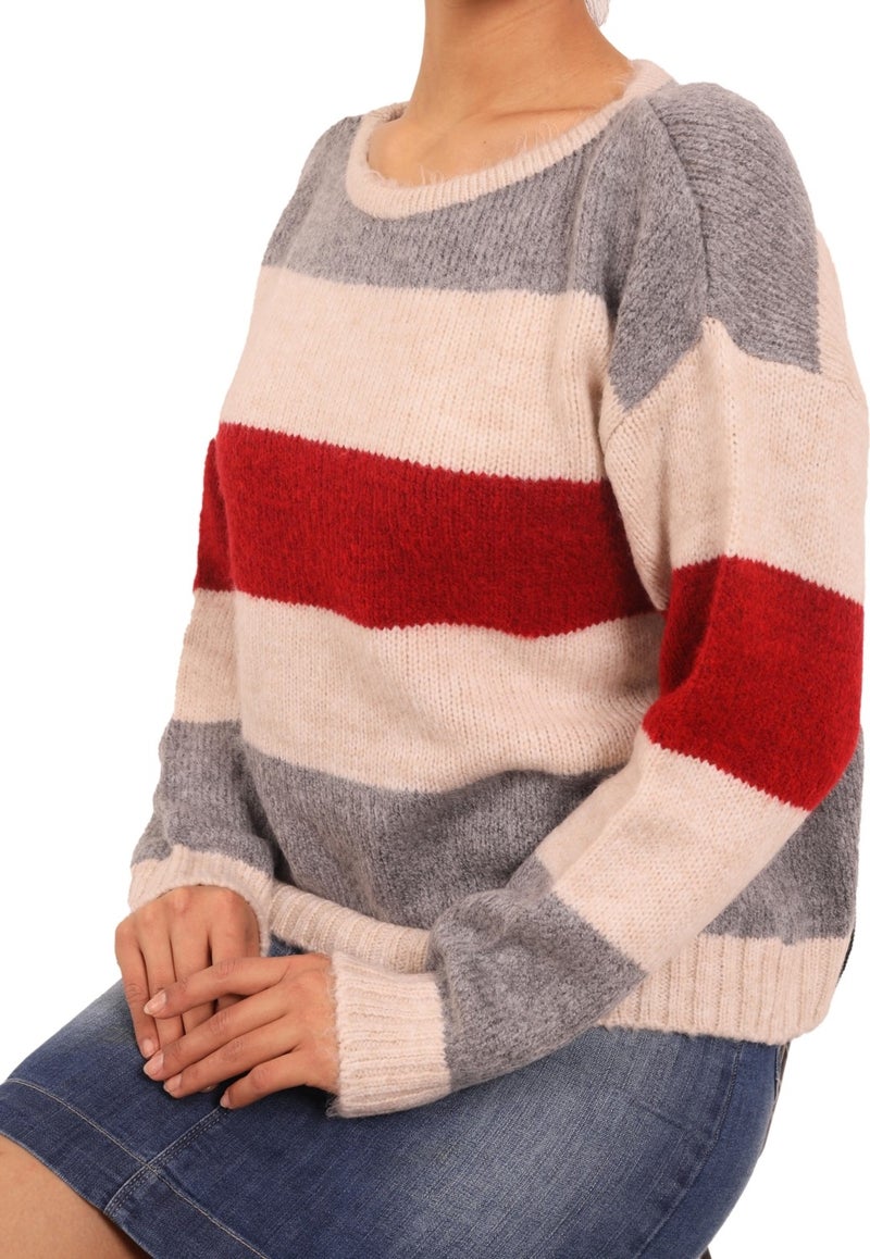 Rtd & Vld Rtd&vld Women's Crew Neck Striped Knitted Sweater Claret Red  - Image 5