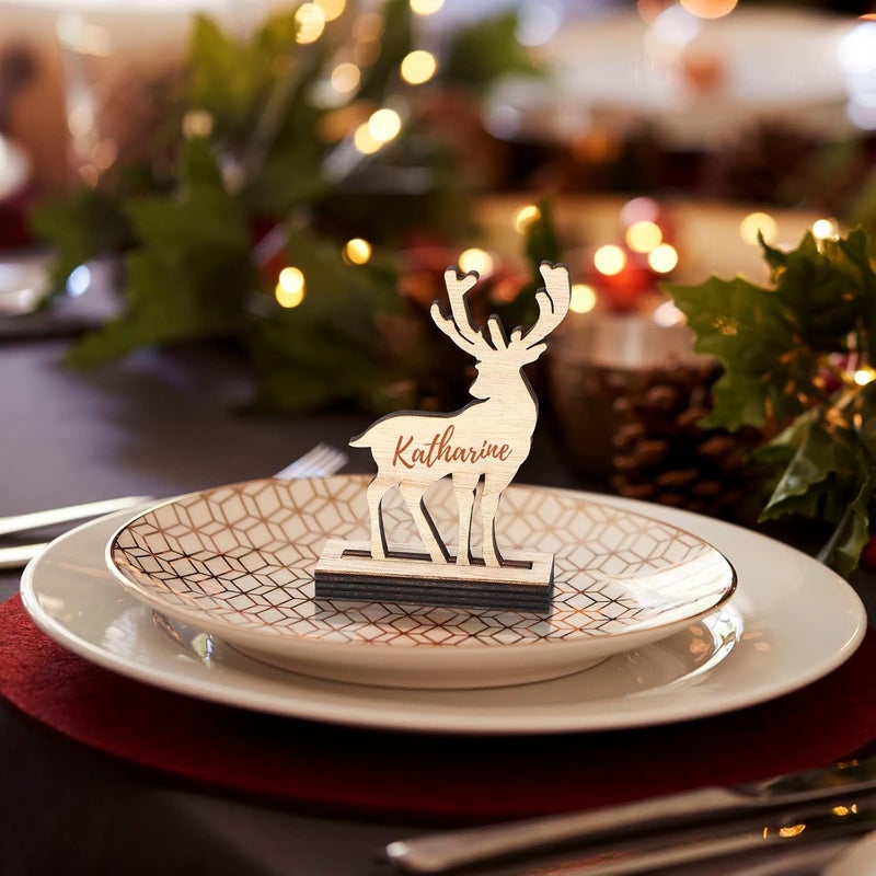 Spiareal Spiareal 12 Pcs Christmas Wooden Reindeer Name Place Cards Wood Table Decoration Christmas Ornaments Indoor Tags Number Sign with Mark Pens Xmas Gift for Setting Dinner Party Holiday Family Supply  - Image 3