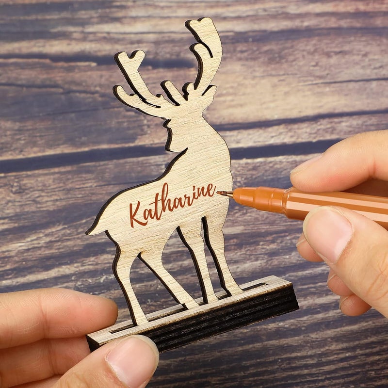 Spiareal Spiareal 12 Pcs Christmas Wooden Reindeer Name Place Cards Wood Table Decoration Christmas Ornaments Indoor Tags Number Sign with Mark Pens Xmas Gift for Setting Dinner Party Holiday Family Supply  - Image 2