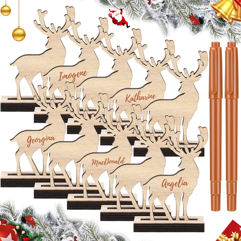 Spiareal Spiareal 12 Pcs Christmas Wooden Reindeer Name Place Cards Wood Table Decoration Christmas Ornaments Indoor Tags Number Sign with Mark Pens Xmas Gift for Setting Dinner Party Holiday Family Supply  - Image 1