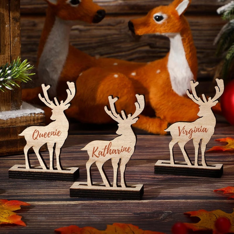 Spiareal Spiareal 12 Pcs Christmas Wooden Reindeer Name Place Cards Wood Table Decoration Christmas Ornaments Indoor Tags Number Sign with Mark Pens Xmas Gift for Setting Dinner Party Holiday Family Supply  - Image 4