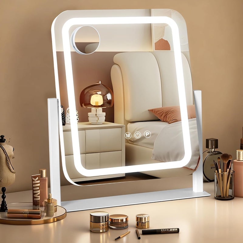 Ratsamee مرآة زينة 13x15 بوصة مع أضواء، مرآة مكياج LED، مرآة مكياج مضيئة بأضواء قابلة للتعتيم بثلاثة ألوان، تحكم ذكي بشاشة اللمس، تحكم ذكي بشاشة اللمس، دوران 360 درجة - Image 1