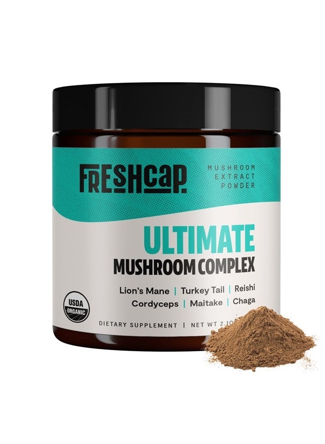 FreshCap Mushrooms FreshCap - Ultimate Mushroom Complex - Pure Extract Powder - USDA Organic - Lions Mane, Reishi, Cordyceps, Chaga, Turkey Tail, Maitake -60g- Supplement - Add to Coffee– Real Fruiting Body–No Fillers - Image 1