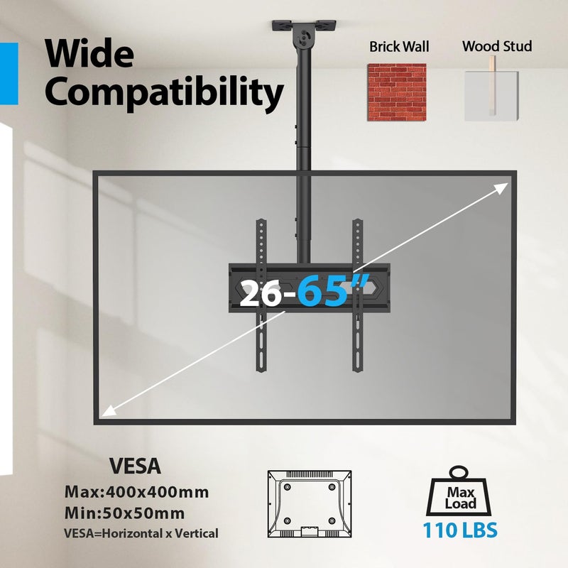 USX STAR Ceiling TV Mount for 26-65 inch Flat Screen Displays, Adjustable Ceiling TV Bracket Fits Most LCD LED OLED TVs, 14.96Inch Single Extended Mounting Pole, Holds up to 110lbs, Max VESA 400x400mm - Image 4