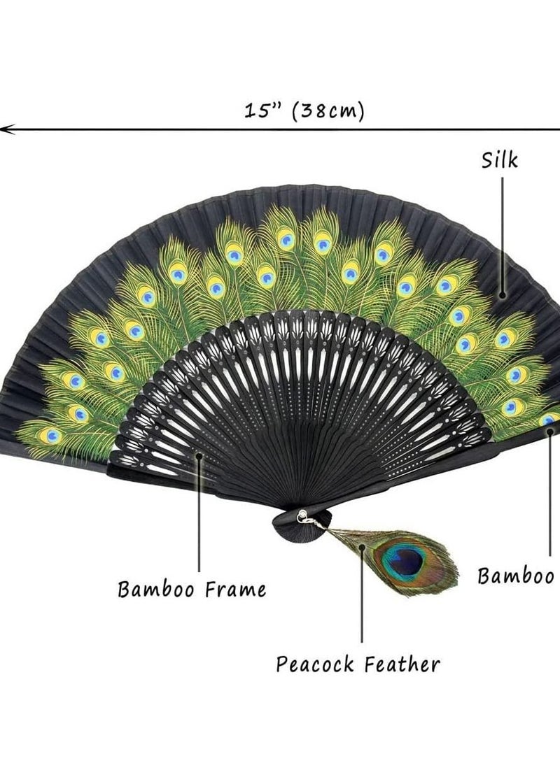 SYOSI Folding Fan, Womens Bamboo Fan Vintage Chinese Style, Black Bones Beautiful Peacock Pattern Antique Hand Fan for Wedding, Party Favor, Performance, Dance,Festival, Gift, Home Decoration - Image 5
